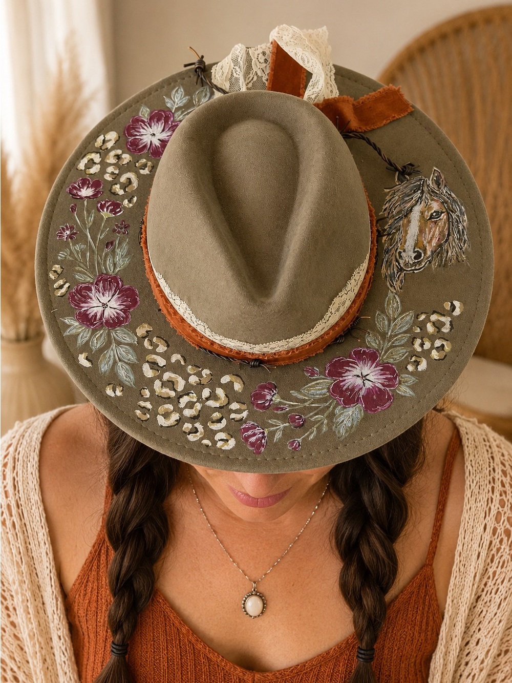 Hand Painted Horse Rancher Hat Olive Floral Leopard Western Boho Cowboy No. 11